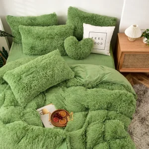Long Hair Bedding Set,Green Mink Flannel Velvet Duvet Cover Set,Solid Warm Fleece Winter Bed Linens, 3/4pcs Queen Home Bedding