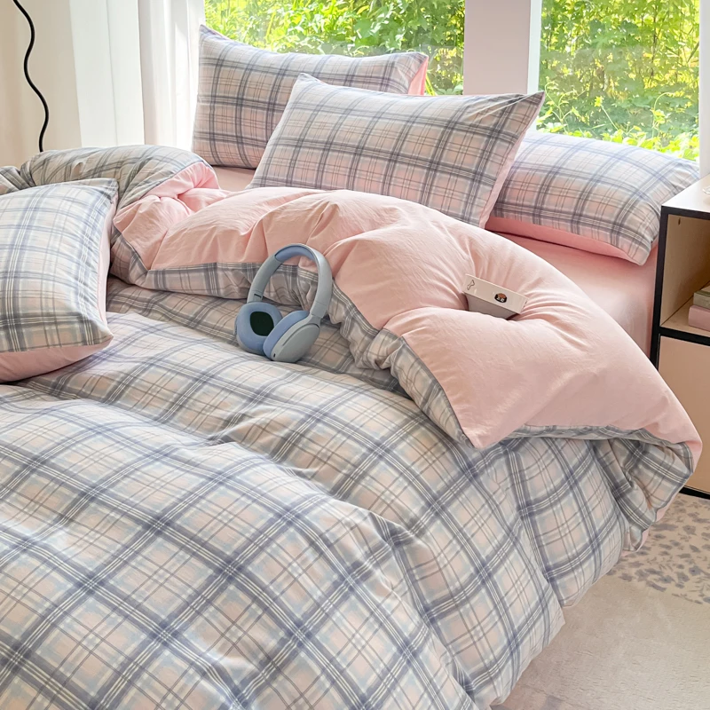 3pcs Simple, soft and skin-friendly duvet cover 3-piece set (1 duvet cover +2 pillowcases) (without core)Striped checkered - Image 2