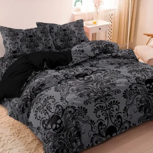 3pcs Soft & Breathable Dark Grey/Black Gothic Victorian Floral Duvet Cover with All-Season Luxury Bed Sheets, Machine Washable