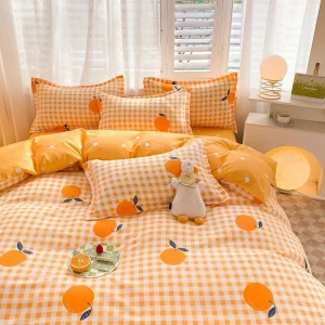 Ins Orange Checkerboard Duvet Cover Flat Sheet Pillowcases Twin Full Double Size Pink Blue Bedding Set Home Decor For Kids Adult