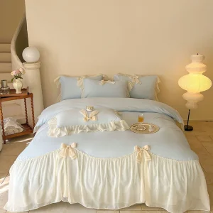 French Princess Style Bedding Sets Ruffle Lace Bow Quilt Cover Romantic Wedding Bedclothes Decor Woman Girls Bedroom Duvet Cover